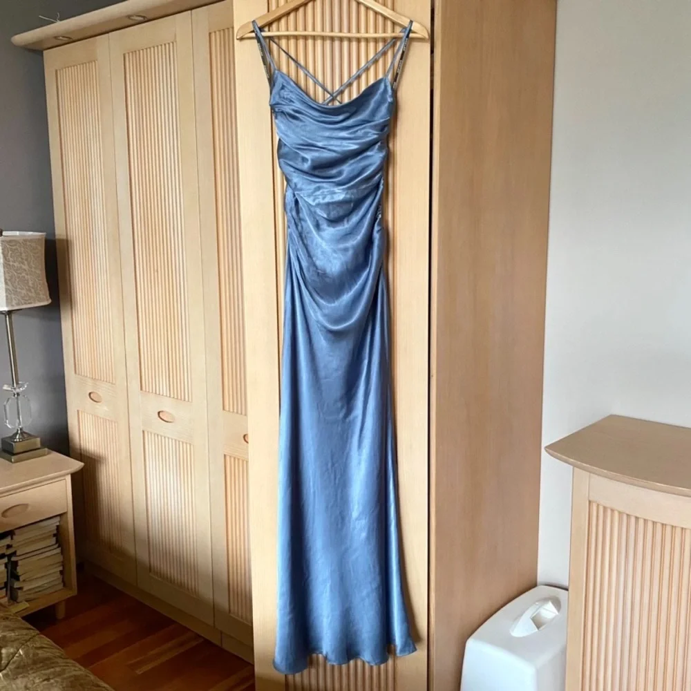 Shona Joy La Lune Cowl Neck Satin Lace Back Maxi Dress Smoke Blue - Picture 6 of 16